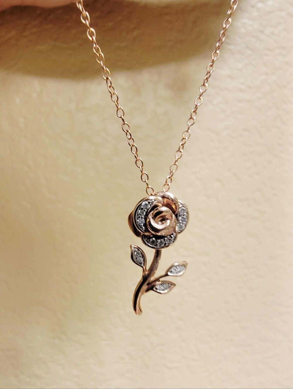 Zales Enchanted Disney Belle 1/10 CT Diamond Rose Pendant Necklace in Rose Gold